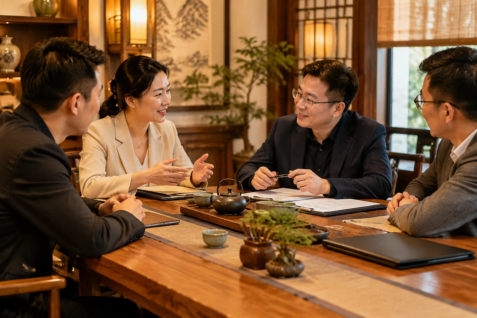 几位企业主围坐在茶桌旁洽谈合作
